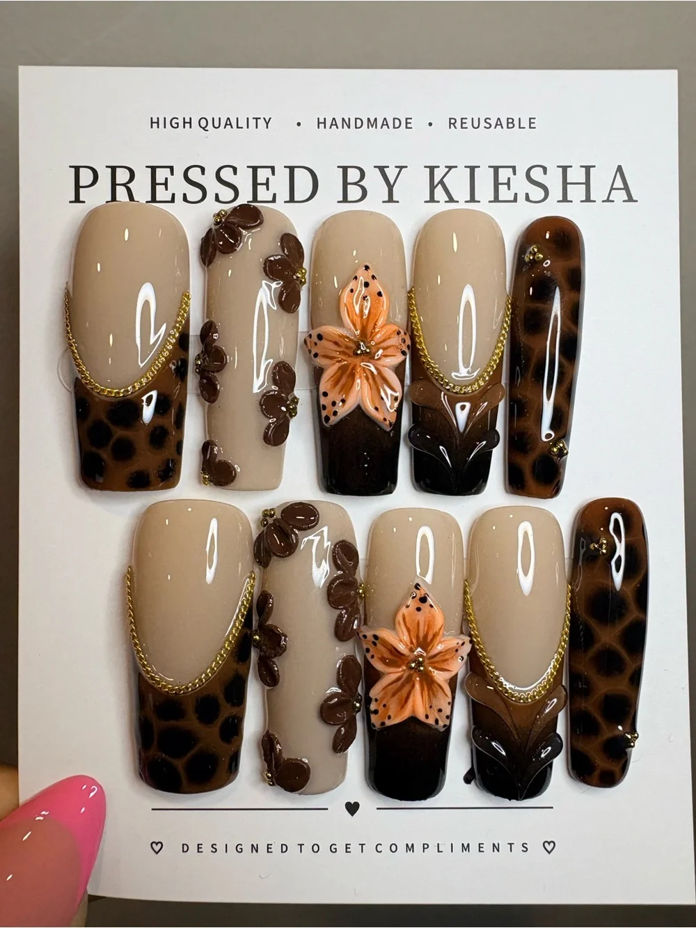 Beige & Brown Floral Press-On Nail Set